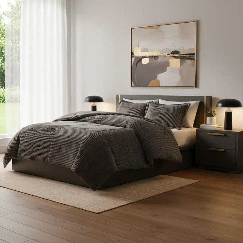 Set of Three Taupe King Ring Stitch Polyester Sham And Comforter Photo 1