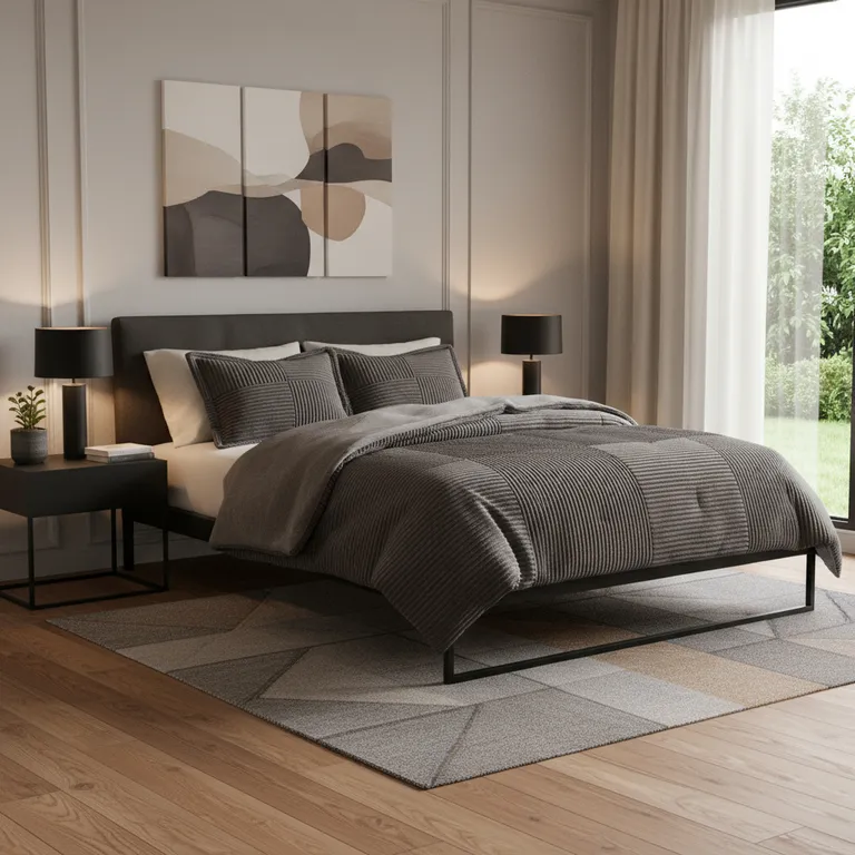 Set of Three Taupe  Ring Stitch Polyester Sham And Comforter Photo 2