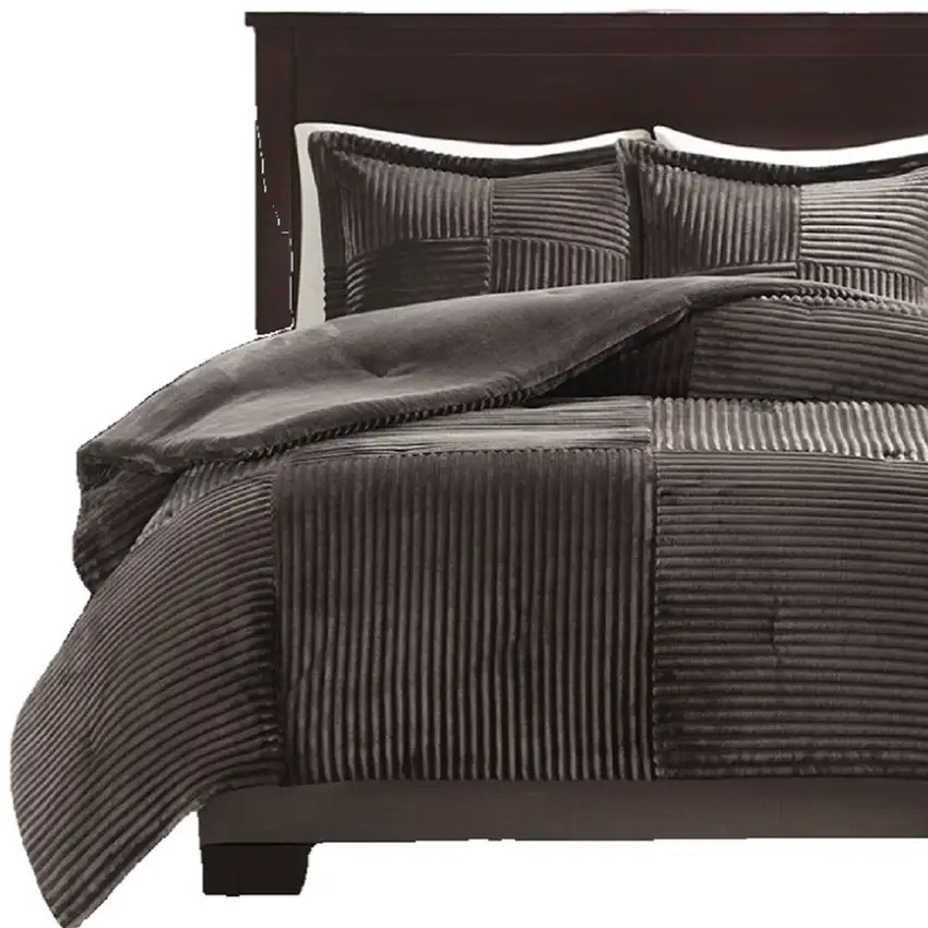 Set of Three Taupe Queen Ring Stitch Polyester Sham And Comforter Photo 3