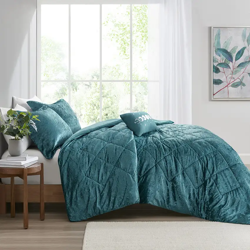 Set of Three Teal Blue Twin Ring Stitch Polyester Sham And Comforter Photo 7