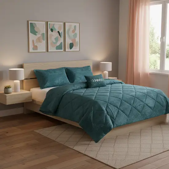 Set of Three Teal Blue  Ring Stitch Polyester Sham And Comforter Photo 2