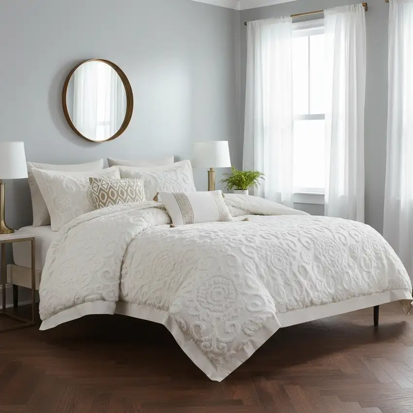 Set of Three White Medallion Queen Ring Stitch Sham And Comforter Photo 2