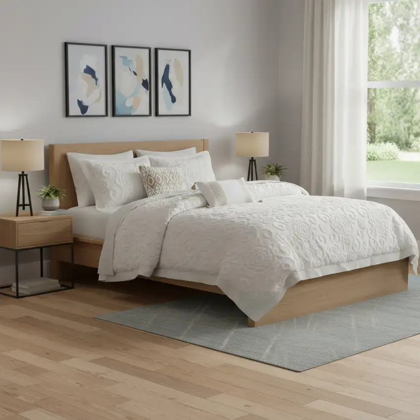 Set of Three White Medallion Queen Ring Stitch Sham And Comforter Photo 3