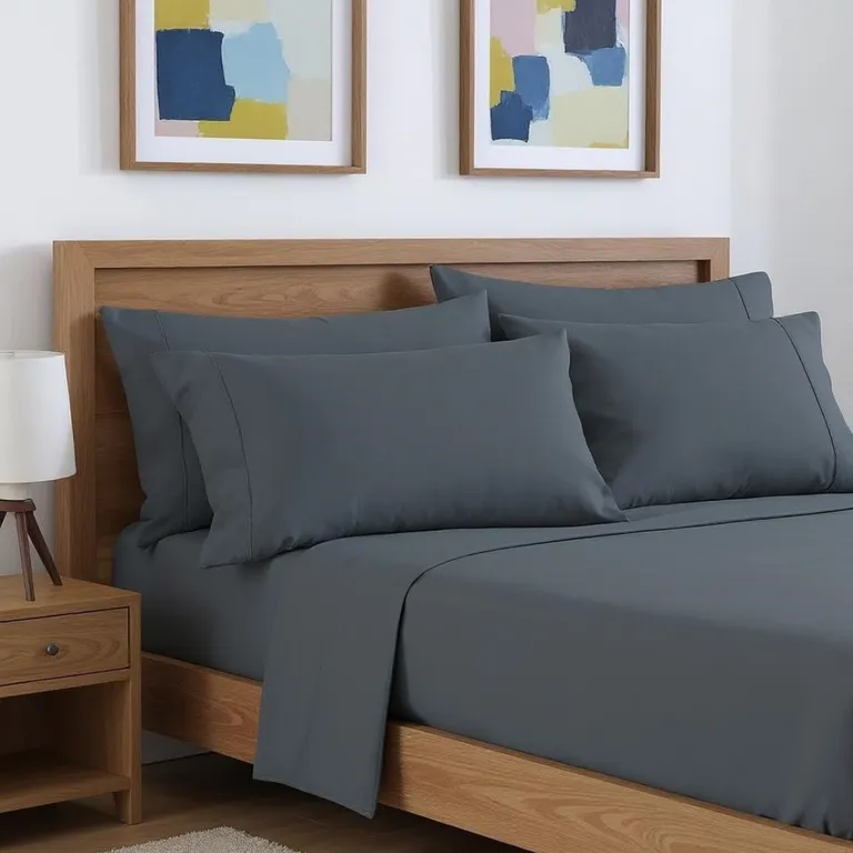 Six Piece Dark Gray Microfiber Queen Sheet Set Photo 1