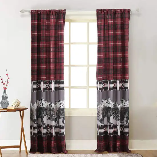Sofia 84 Inch Bear Panel Curtains, Poly Microfiber, Red and Black Plaid Photo 6
