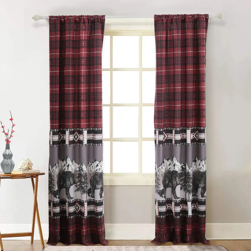 Sofia 84 Inch Bear Panel Curtains, Poly Microfiber, Red and Black Plaid Photo 6