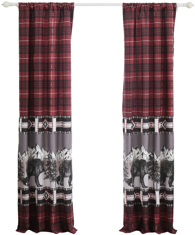Sofia 84 Inch Bear Panel Curtains, Poly Microfiber, Red and Black Plaid Photo 1