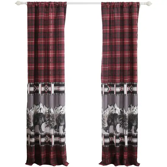 Sofia 84 Inch Bear Panel Curtains, Poly Microfiber, Red and Black Plaid Photo 1