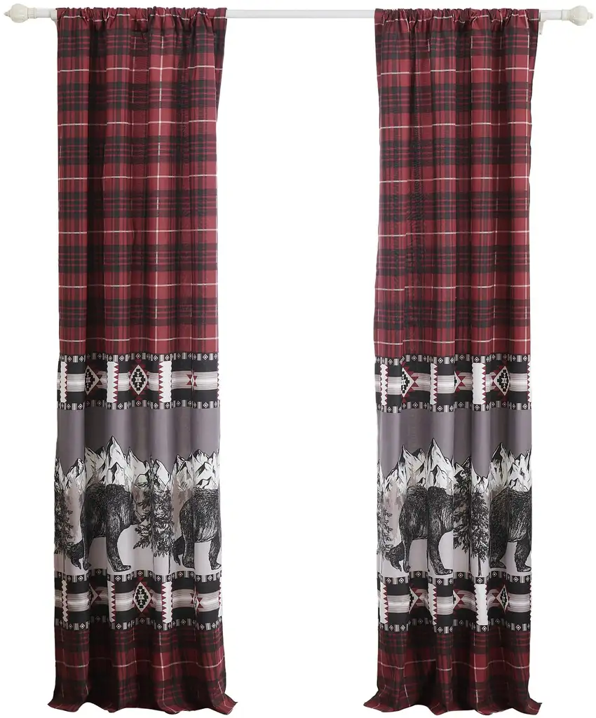 Sofia 84 Inch Bear Panel Curtains, Poly Microfiber, Red and Black Plaid Photo 1