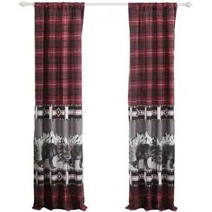 Photo of Sofia 84 Inch Bear Panel Curtains, Poly Microfiber, Red and Black Plaid