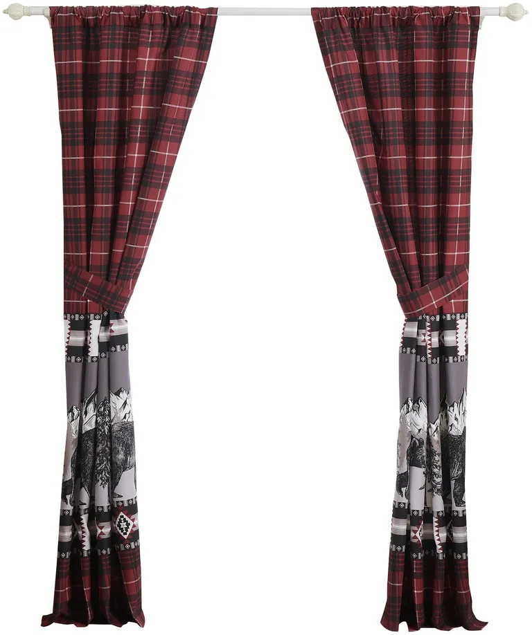 Sofia 84 Inch Bear Panel Curtains, Poly Microfiber, Red and Black Plaid Photo 2