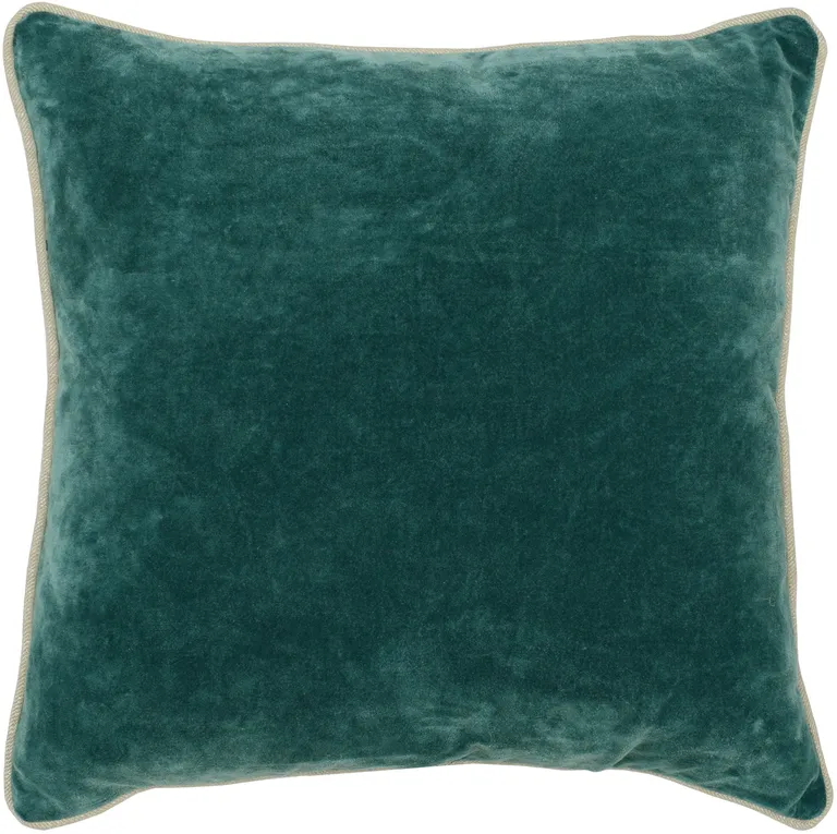 Square Fabric Throw Pillow with Solid Color and Piped Edges, Teal Green Photo 1