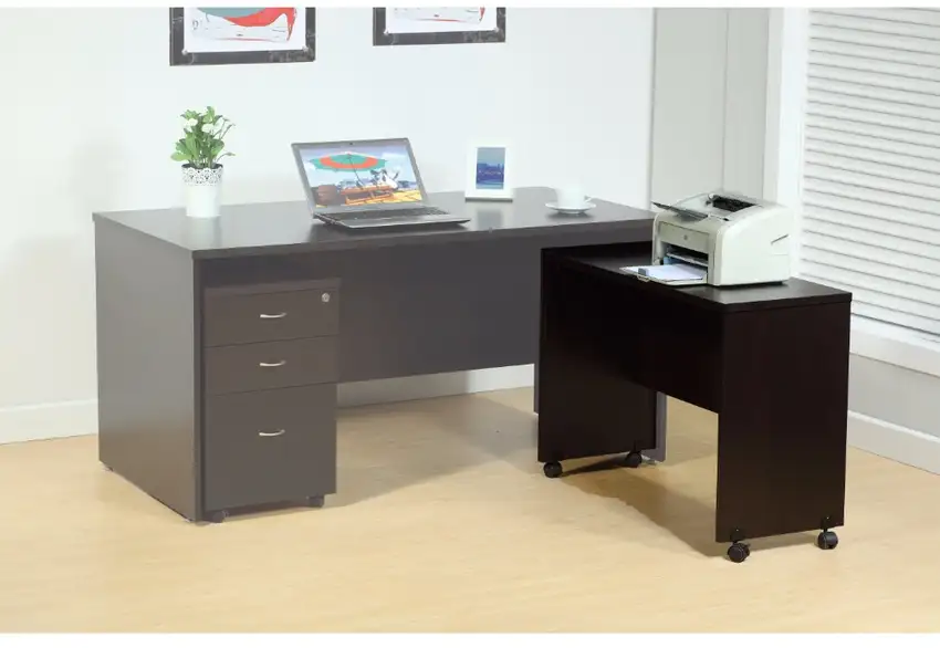 Stylish Dark Brown Finish Desk Return With Spacious Display Top. Photo 1