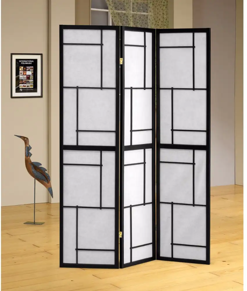 Stylish 3 Panel Wooden Folding Screen, Black Photo 1