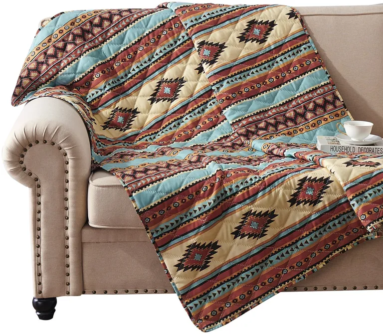 Tagus 60 Inch Throw Blanket, Natural Southwest Patterns, Machine Quilted Photo 1