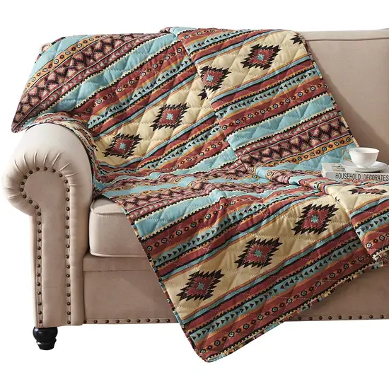 Tagus 60 Inch Throw Blanket, Natural Southwest Patterns, Machine Quilted Photo 1