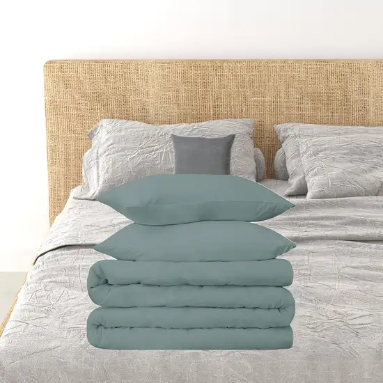 Teal Blue Queen Cotton Blend Washable Duvet Cover Set With Two Shams Photo 1