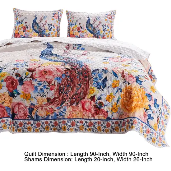 Tess Microfiber 3 Piece Full Quilt Set, Peacock, Floral Print Photo 5