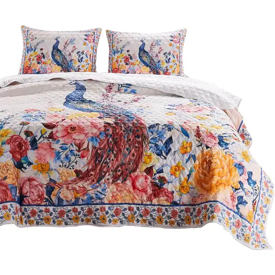 Tess Microfiber 3 Piece Full Quilt Set, Peacock, Floral Print Photo 1