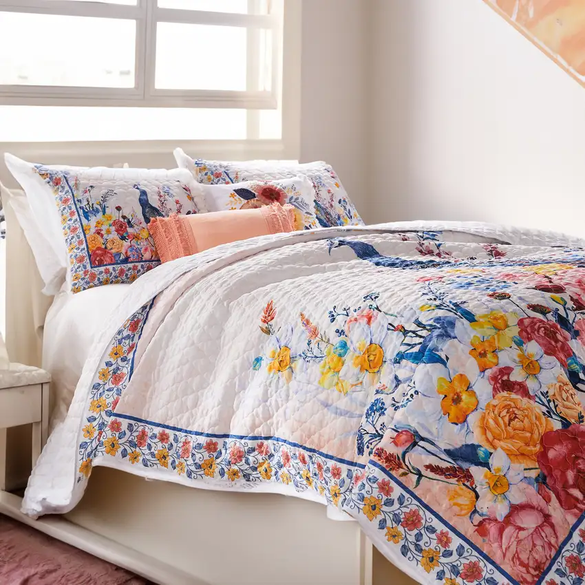 Tess Microfiber 3 Piece King Quilt Set, Peacock, Floral Print, Multicolor Photo 6