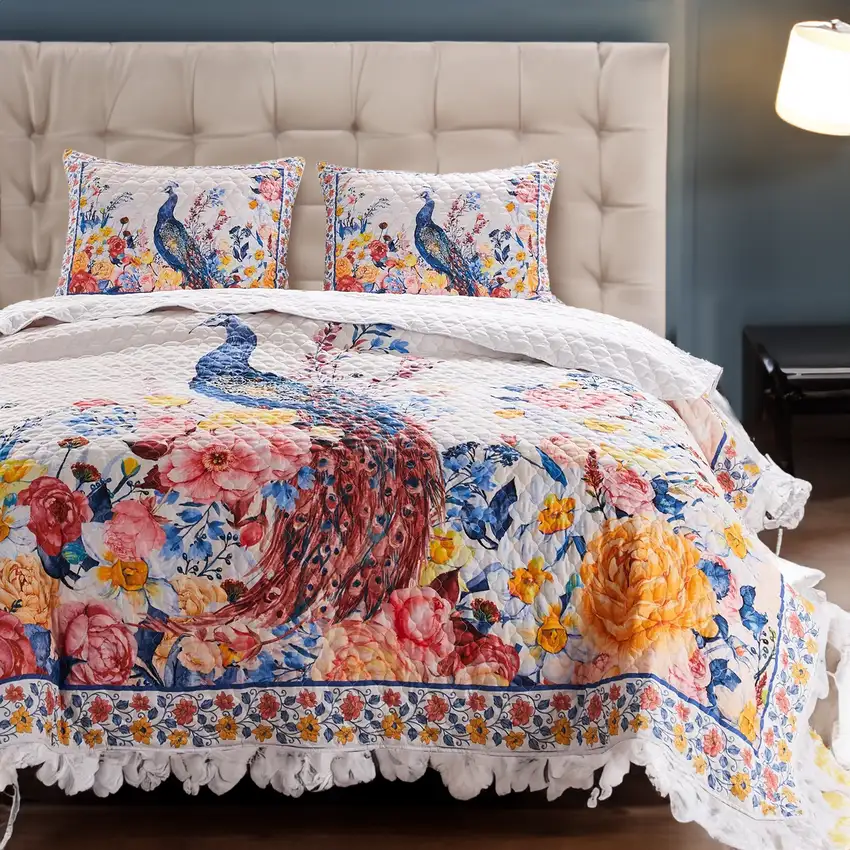 Tess Microfiber 2 Piece Twin Quilt Set, Peacock, Floral Print, Multicolor Photo 6
