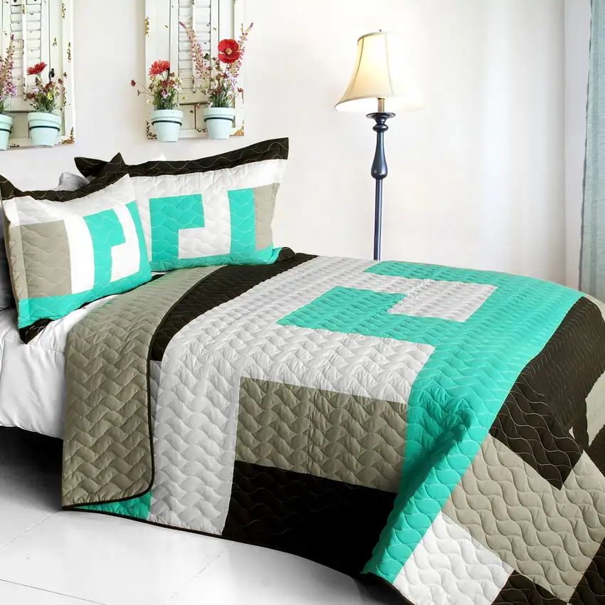 Tetris - B -  Vermicelli-Quilted Patchwork Geometric Quilt Set Full/Queen Photo 1