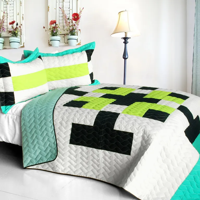Tetris - C - Vermicelli-Quilted Patchwork Geometric Quilt Set Full/Queen Photo 1