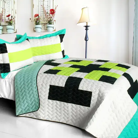 Tetris - C -  Vermicelli-Quilted Patchwork Geometric Quilt Set Full/Queen Photo 1