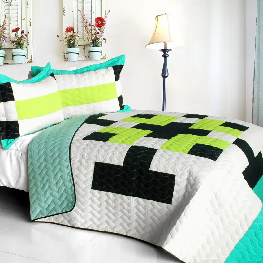 Tetris - C -  Vermicelli-Quilted Patchwork Geometric Quilt Set Full/Queen Photo 1
