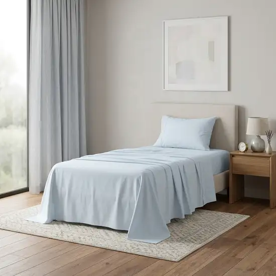 Three Piece Light Blue Cotton Twin Sheet Set Photo 1
