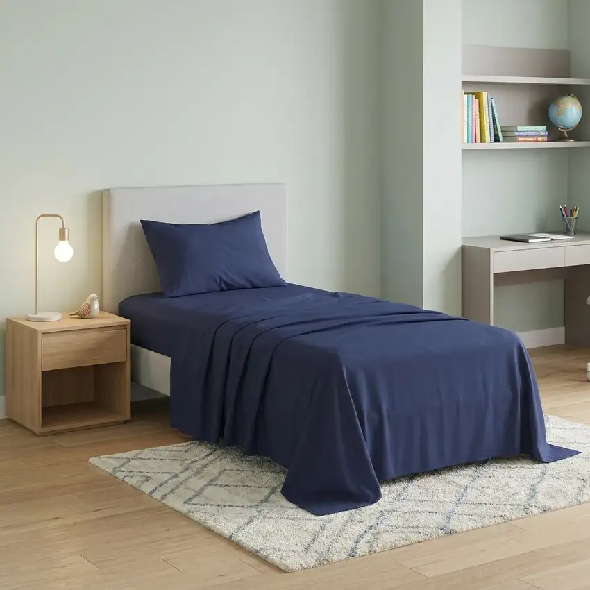 Three Piece Navy Blue Cotton Twin Sheet Set Photo 1