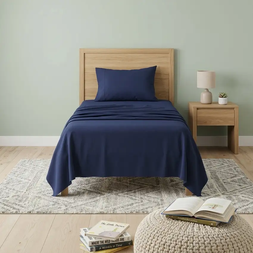 Three Piece Navy Blue Cotton Twin XL Sheet Set Photo 1