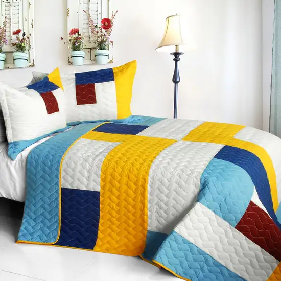 Timeless - B -  Vermicelli-Quilted Patchwork Geometric Quilt Set Full/Queen Photo 1
