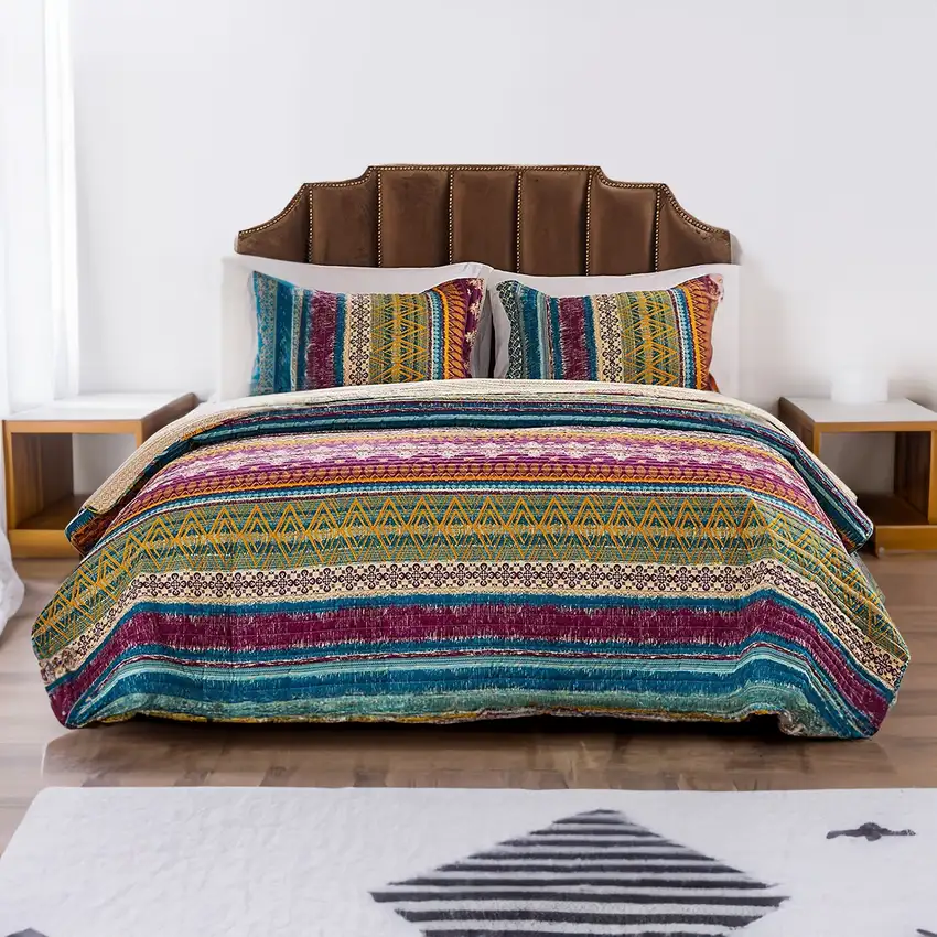 Tribal Motif Print Cotton Twin Quilt Set with 1 Pillow Sham, Multicolor Photo 6