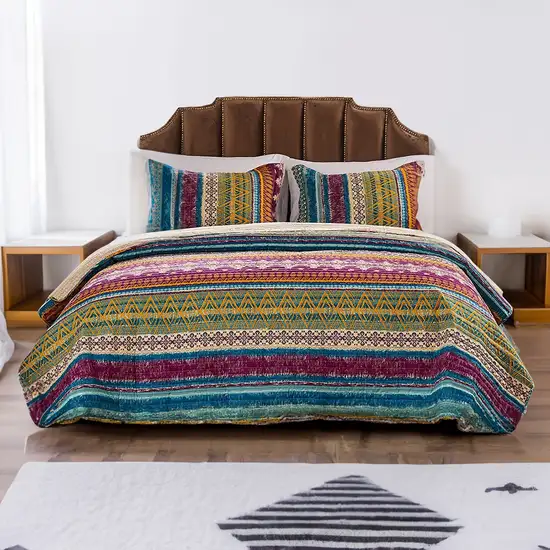 Tribal Motif Print Cotton Twin Quilt Set with 1 Pillow Sham, Multicolor Photo 6