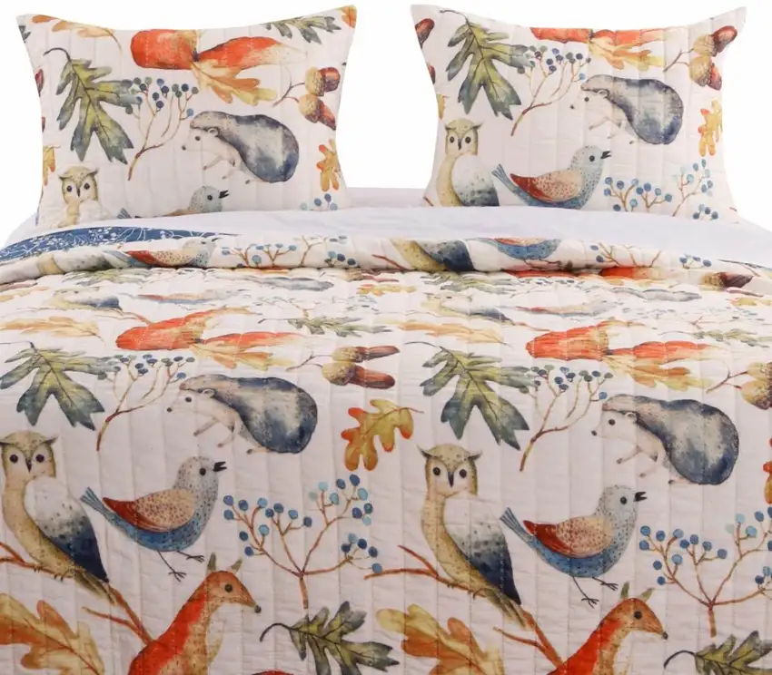 Twin 2-Piece Blue Beige Birds Animals Floral Reversible Quilt Set Photo 1