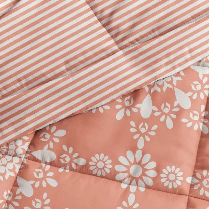 Twin 2 Piece Clay and White Reversible Daisy Medallion Striped Comforter Set Photo 5