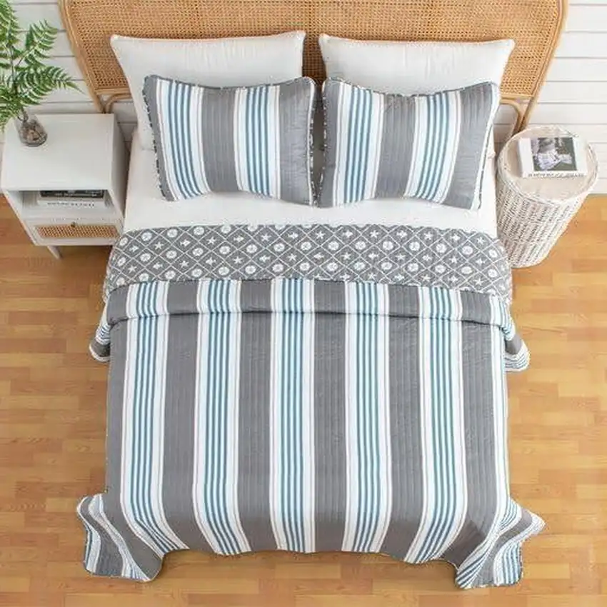 Twin 2 Piece Coastal Starfish Sand Dollar Grey Blue White Nautical Quilt Set Photo 3