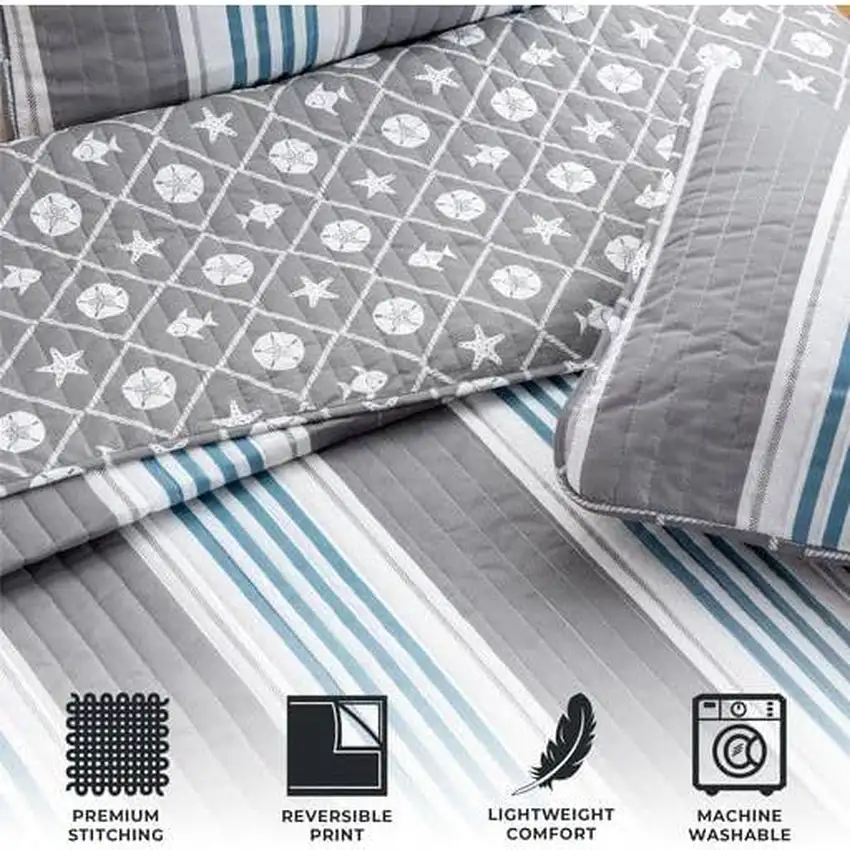 Twin 2 Piece Coastal Starfish Sand Dollar Grey Blue White Nautical Quilt Set Photo 5
