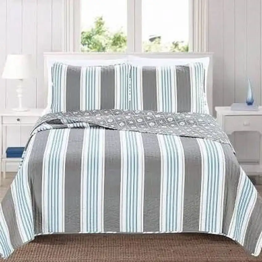 Twin 2 Piece Coastal Starfish Sand Dollar Grey Blue White Nautical Quilt Set Photo 1