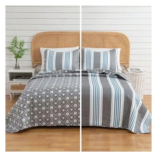 Twin 2 Piece Coastal Starfish Sand Dollar Grey Blue White Nautical Quilt Set Photo 2