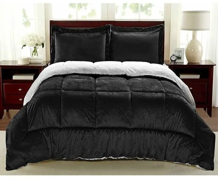 Twin Size 2 Piece Ultra Soft Sherpa Wrinkle Resistant Comforter Set in Black Photo 4