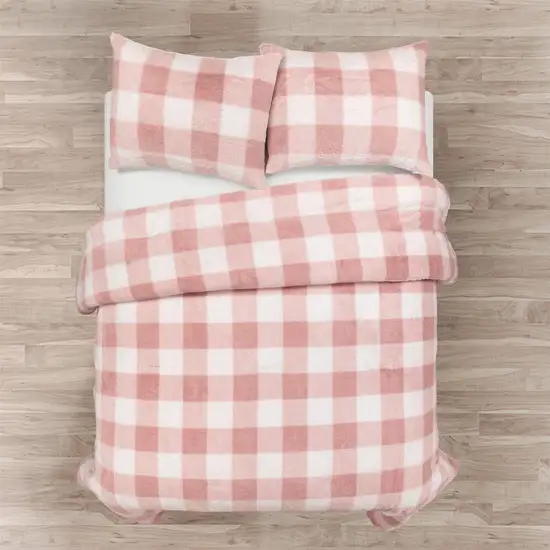 Twin Size Plaid Soft Faux Fur Comforter Set in Pink Blush Photo 2