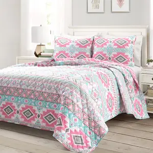Photo of Twin Southwest Indian Style Polyester Pink Blue Striped Reversible Quilt Set