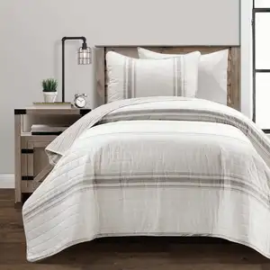 Photo of Twin/Twin XL Grey White 2 Piece Stripe Reversible Cotton Quilt Set