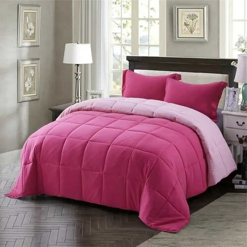 Twin/Twin XL Traditional Microfiber Reversible 3 Piece Comforter Set in Pink Photo 1