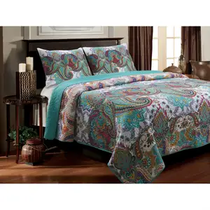 Photo of Twin size 3-Piece Cotton Quilt Set in Teal Multi-Color Paisley Pattern