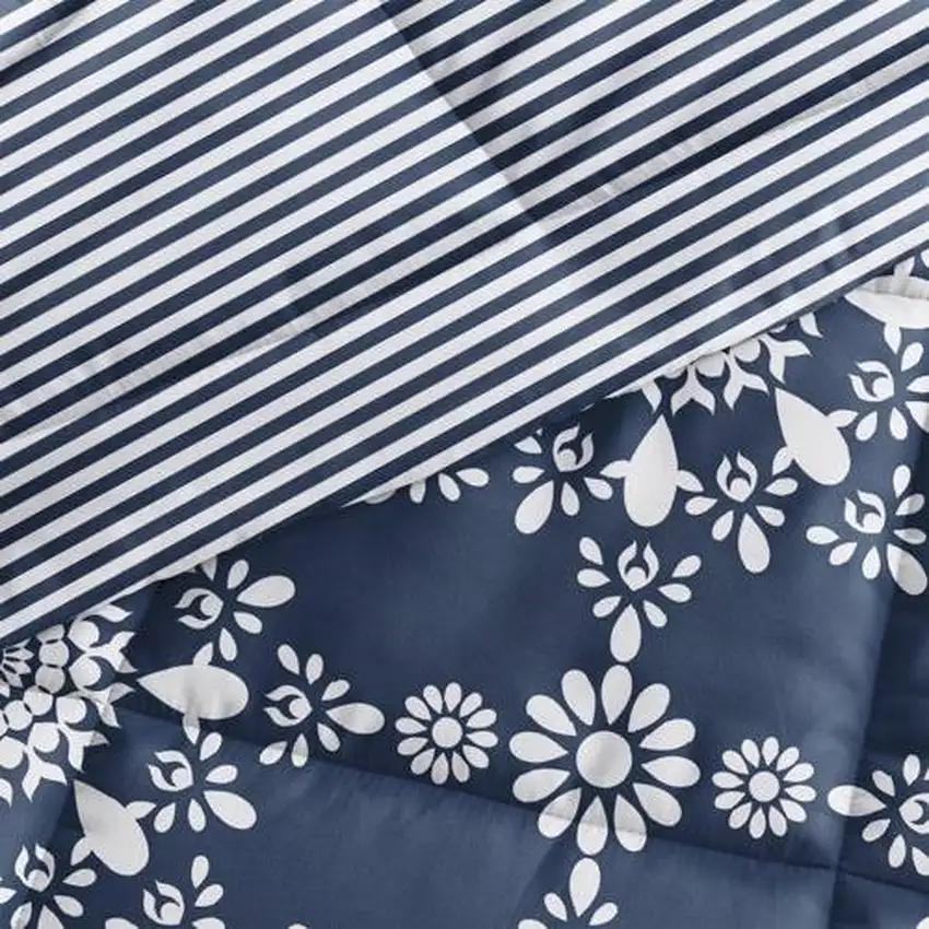 Twin size 3-Piece Navy Blue White Reversible Floral Striped Comforter Set Photo 4