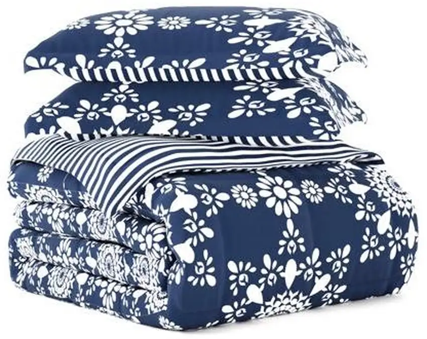 Twin size 3-Piece Navy Blue White Reversible Floral Striped Comforter Set Photo 3