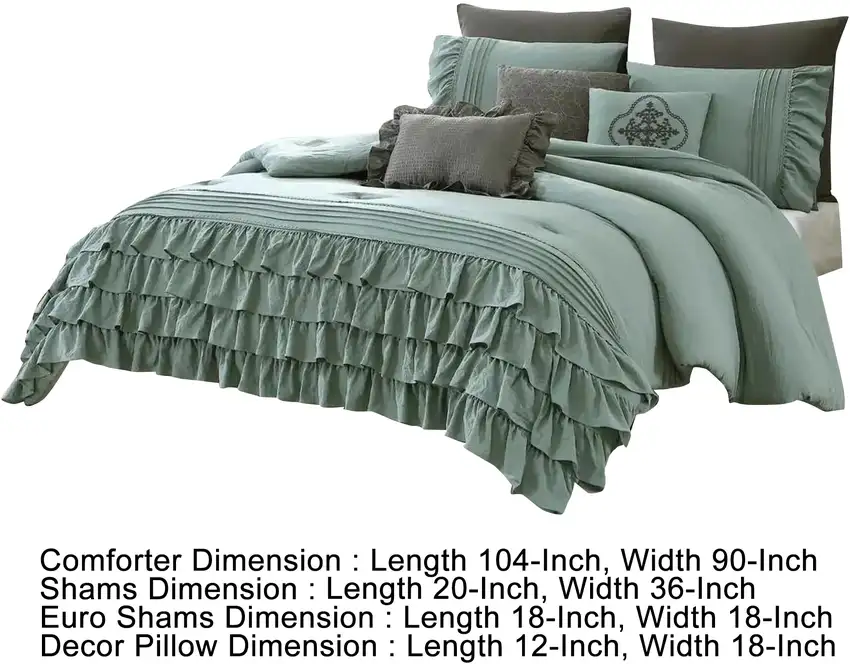 Tyler 8 Piece Ruffled King Size Comforter Set, The Urban Port, Green, Gray Photo 6